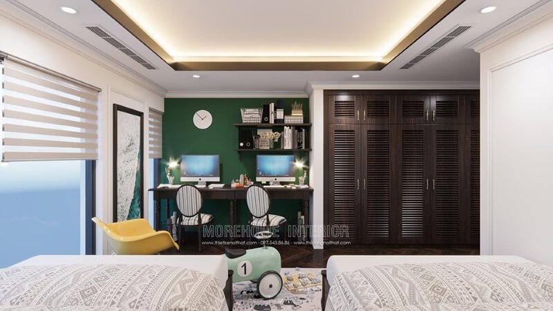 Trang trí nội thất phòng ngủ trẻ em với tủ quần áo gỗ, bàn học gỗ, kệ sách bằng gỗ