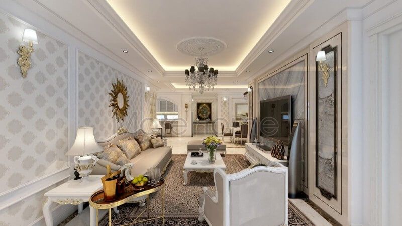 Trang trí nội thất phòng khách chung cư ấn tượng hơn với tone màu trắng sáng được sử dụng tạo điểm nhấn cho các đường nét trạm khắc tinh xảo và khéo léo.