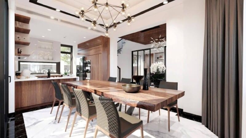 Ngoài điểm đặc biệt từ cách bố trí kệ trang trí, bàn đảo bằng đá nhân tạo LG màu trắng được thiết kế phô ra ngoài lại là điểm đáng chú ý, một mặt vẫn đảm bảo diện tích để chủ nhân có thể trưng bày món ăn thỏa mái, một mặt bạn lại có thể vừa nội trợ vừa có thể trông nom con học một cách dễ dàng.