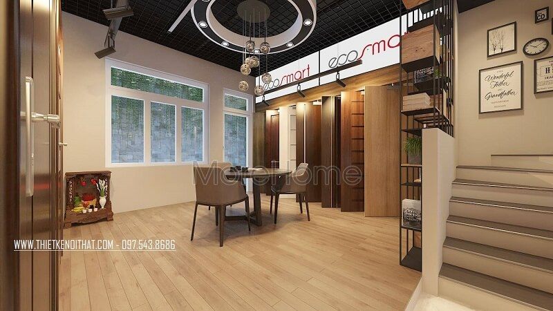 Mẫu thiết kế nội thất showroom trưng bày sản phẩm cửa gỗ cao cấp với tông màu gỗ vàng sáng chủ đạo kết hợp nội thất gỗ đơn giản, tinh tế.