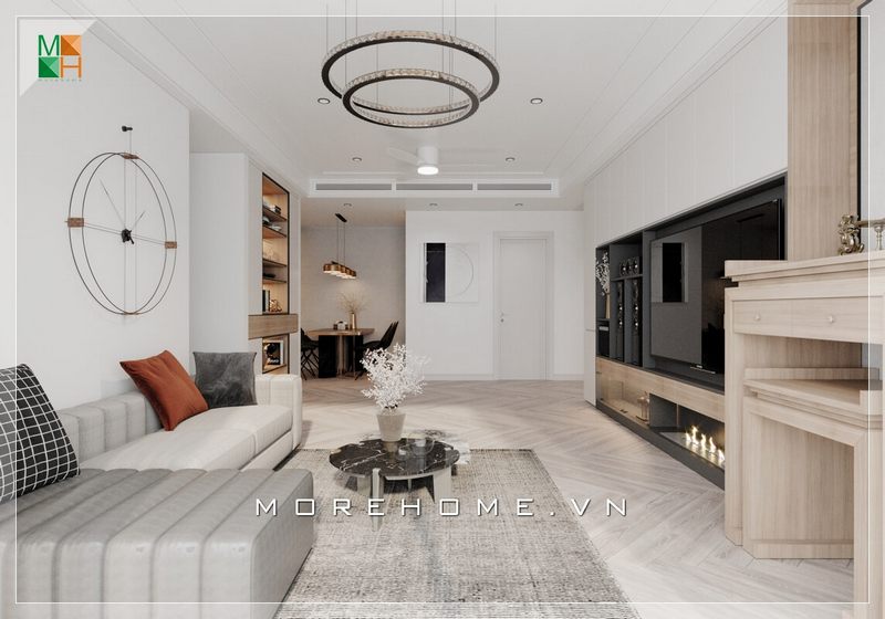 Mẫu thiết kế nội thất phòng khách của căn hộ hiện đại được thiết kế để phù hợp với những gia chủ yêu thích sự đơn giản và mong muốn không gian sống của mình là thoáng đãng.