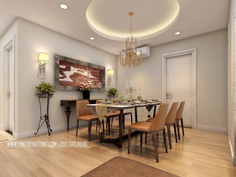 Tone màu chủ đạo nâu sữa nhẹ được đồng bộ và kết hợp với các sắc màu khác xuyên suốt không gian, giúp tạo nên một thể không gian nội thất phòng ăn chung cư thống nhất, hài hòa và cân bằng.